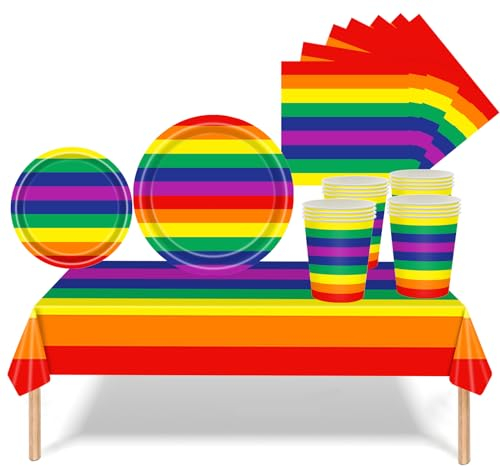 69Pcs Rainbow Party Tableware Set for Kids Adult,Rainbow Paper Cups Napkins Plates (7in+9in) and Table Cloth in Rainbow,Kids Rainbow Birthday Tableware,Coloured LGBTQ Dinnerware for Pride