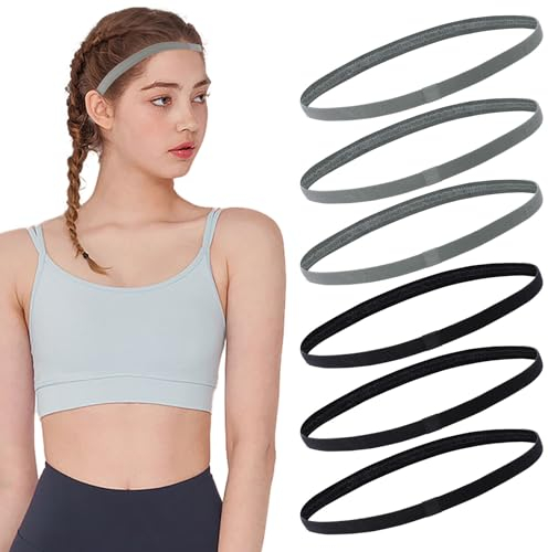 6 Stück Sport Haarbänder Dünn, Stirnband Sport Elastisch, Fußball-Stirnband Bewegung Ausbildung, Anti-Rutsch Elastische Sportliche Stirnbänder, Grau und Schwarz Kopfbedeckung für Männer Mädchen