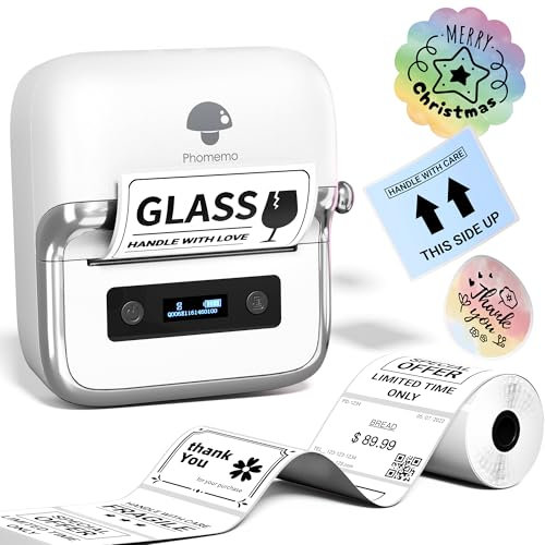 Phomemo M250 Etikettendrucker, Tragbarer Ettikettendrucker Etikettiergerät Bluetooth Thermo Beschriftungsgerät Barcode, Einzelhandel, kleine Unternehmen, mit Smartphone & PC, Mit 1 Rollen Etiketten