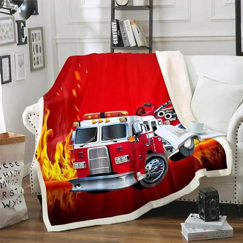 ZZTBQ Autos Drucken Kuscheldecke für Erwachsene Feuerwehrauto Warm Sherpa Decke Dicke Sofa Flanell Fleecedecke 150x200cm Feuerwehr Überwurfdecke für Bett Flauschige Wohndecke
