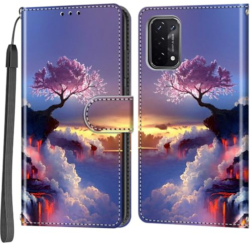 Handyhülle für Oppo A54 5G/A74 5G, rosa Baum | Magnetisch, Stoßfest, Kartenfächer, Flip PU Leder, Brieftasche Schutzhülle, Ständer Klapphülle