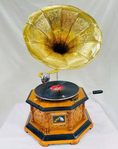 Antik aussehende Replik Grammophone Vintage Grammophone Plattenspieler Holzsockel mit floralen Schnitzereien Gold Horn Lautsprecher (Original Working Old Replica Grammophone)