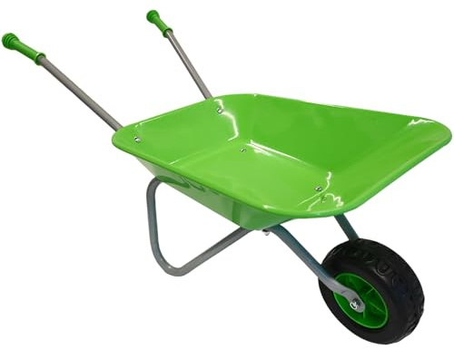 Unibos Kids Metal Wheelbarrow 5Pcs Green, Children’s Gardening Set With Shovel, Rake, Fork & Kids Gloves (Green)