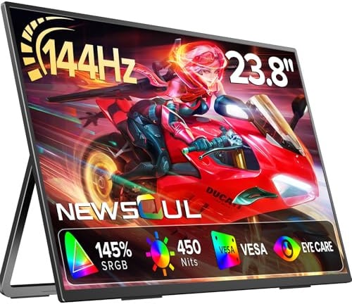 Newsoul Monitor Portatile 24 Pollici, Schermo Portatile QLED 144Hz 2000:1 FreeSync 450 nit 145% sRGB Dispaly con USB-C e HDMI, Secondo Monitor con VESA e Alloggiamento Metallo per PS5/4/Xbox/Switch