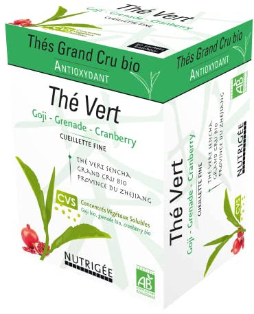 Nutrigee Thé Vert Bio - Antioxydant - Thé Vert & Super Fruits - Principes Actifs Élevés - Enrichi En Concentrés Végétaux Solubles - Thé Vert Sencha Bio - Goji, Grenade & Cranberry - 30 Sachets