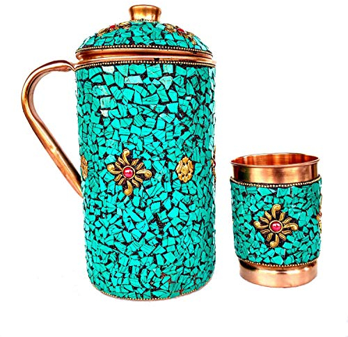 Rastogi Handicrafts Krug aus reinem Kupfer mit Krug Green Jug + 1glass