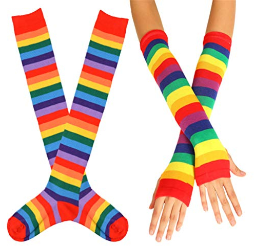 EDOTON Kniestrümpfe Regenbogen Streifen Arm Wärmer Bein Strumpf Bunte Oberschenkel Hohe Socken Fingerlose Handschuhe Hülsen-Set für Frauen Mädchen Party Stützen (Rot)