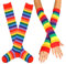 EDOTON Kniestrümpfe Regenbogen Streifen Arm Wärmer Bein Strumpf Bunte Oberschenkel Hohe Socken Fingerlose Handschuhe Hülsen-Set für Frauen Mädchen Party Stützen (Rot)