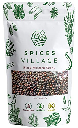 SPICES VILLAGE Black Mustard Seeds, 8 oz, Whole Mustard Spice for Pickling and Chutney, Kosher, Gluten Free, Non GMO, Resealable Bulk Bag