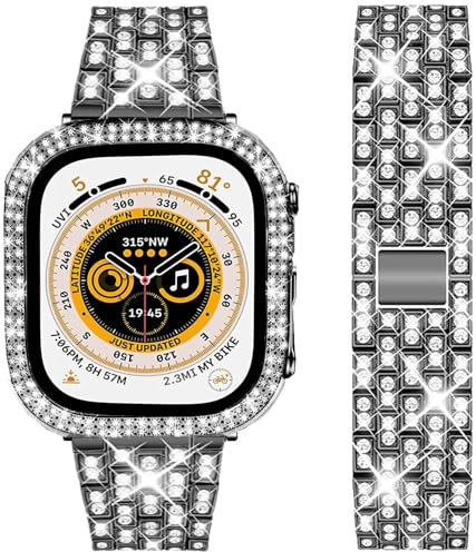 DEALELE Cinturino Compatibile con iWatch 44mm 45mm, Bracciale di Ricambio in Metallo Diamanti Strass con Custodia Protettiva per Apple Watch Series 7 / SE / 6/5 / 4 Donne Uomini, Nero, 45mm