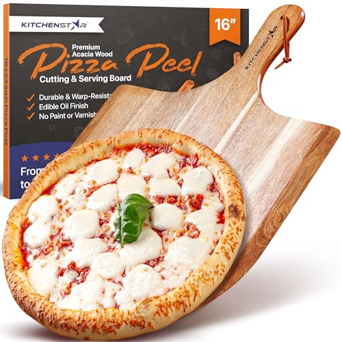 KitchenStar Pizzaschieber aus Holz, 40,6 cm, Premium-Akazienholz-Paddelspatel für Ofen, groß, lebensmittelölverarbeitetes Servierbrett mit Aufhängeschlaufe, Pizzaofen-Zubehör