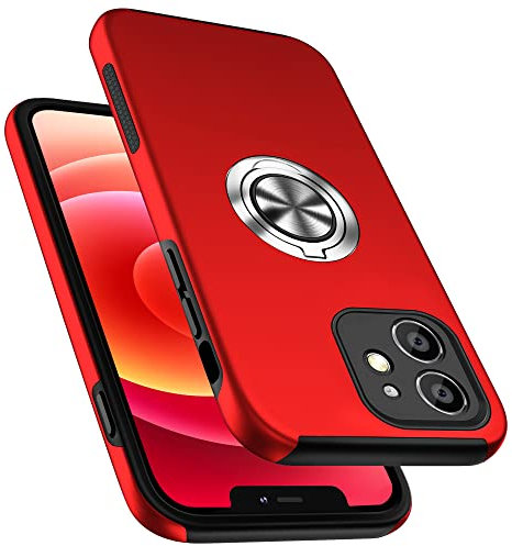 PELEPUES Shockproof Case for iPhone 12 6.1 inch, [Built-in Camera Cover] Military Grade Phone Case Cover with Embedded Metal Ring Stand Kickstand [Support Magnetic Car Holder] for iPhone 12, Red