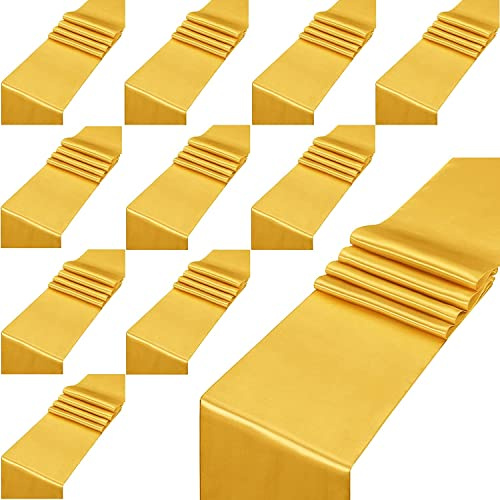 KAHEIGN 12Pcs Satin Table Runner, 30CM x 275CM Gold Long Wedding Satin Silk Table Runner for Wedding Banquet Graduations Birthday Party Table Chair Decoration