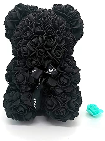 Amtang Rose Flower Bear Artificial Flower Hand Made Bear For Valentine's Day Birthdays Romantic Weddings Christmas Rose Gifts (25cm Black)