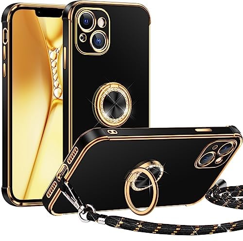 Silverback Coque pour iPhone 14, avec Anneau Maintien, Coque iPhone 14 avec Cordon Réglable, Mince en TPU Souple Antichoc pour Femme - Noir