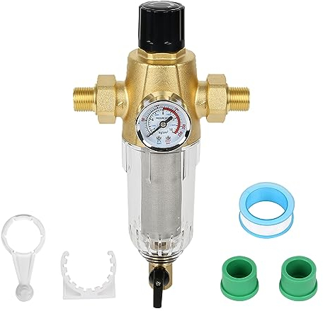 Filtro dell'acqua riutilizzabile con manometro, prefiltro dell'acqua, riduttore di pressione dell'acqua, filtro per risciacquo, filtro fine lavabile (1 filo + adattatore da 3/4)
