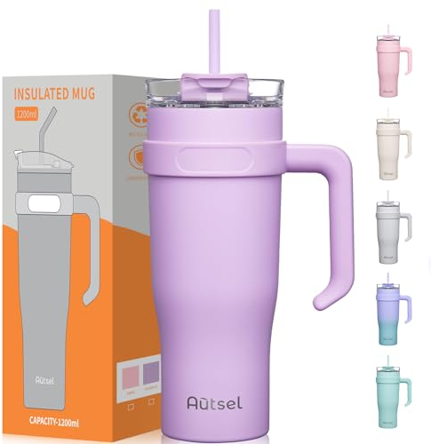 Autsel 40oz Mug Isotherme avec Poignée et Paille 1200ml Tasse Isotherme de Voyage à Double Parois pour Voiture Travail Sports