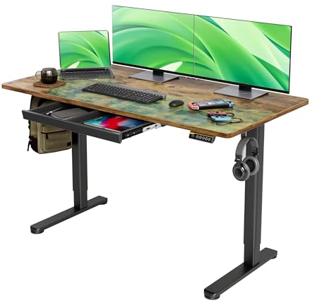 Claiks Höhenverstellbarer Schreibtisch 140x60cm mit Schublade, 80kg Tragkraft Elektrisch Schreibtisch Höhenverstellbar mit 3-Funktions-Memory und 2 Kopfhörerhaken, Standing Desk with Drawer, Braun