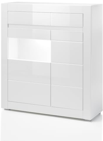Highboard Kommode in weiß Hochglanz und grau Stone Design Wohnzimmerschrank Anrichte Vitrine 100 x 112 cm Nobile (Kommode)