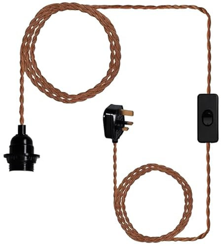 ktjes Plug in Hanging Pendant light, 4.5m brown Twisted braided Wire ceiling lighting fitting E27 Lamp Holder with UK Plug & On/Off Switch