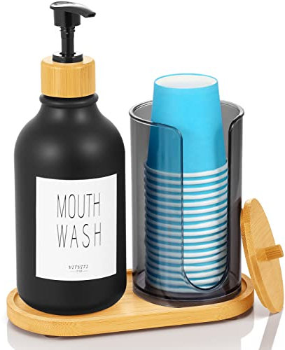 VITVITI Seifenspender mit Wattepadspender, 500ml Pumpspender, Mundwasser Pumpen Flasche mit Pappbecherhalter, Nachfüllbarer Shampoo Spender mit Paletten aus Bambus (Schwarz)