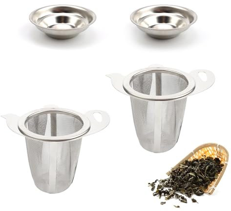HJIAMA 2 Pièces Filtre a The, Acier Inoxydable Filtre Thé avec Porte-Gobelet, Poignée Anti-Brûlure Infuseur Thé, Filtre Mailles Fines Filtre The pour Café, Farine et thé