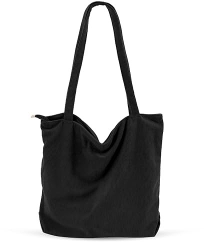 CNMTCCO Tote bag Bolso Tote Grande de Pana para Mujer - Bolso de Mano con Cremallera, Bolsillos y Compartimentos - Ideal para Escuela, Trabajo, Compras(Beige) (Negro)