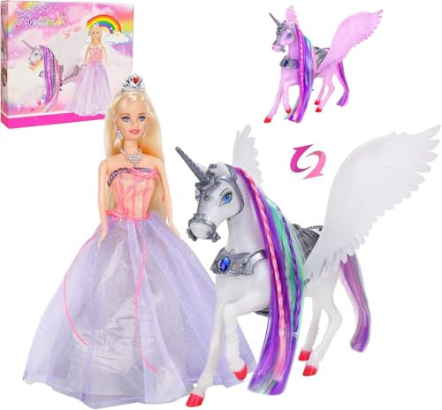 Yellow River Color Changing Unicorn & Princess Doll, Color Change on Whole Unicorn Under Sunshine, 11.5'' Princess Doll Toy, Unicorn Toys with Removable Saddle&Wings