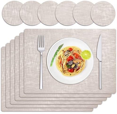 Place Mats for Table Sets 6, Faux Leather Table Mats Non-Slip Heat Resistant Dining, Placemats for Indoors & Outdoors 43 X 30cm, Easy to Clean Water Absorption Wipeable (Beige)