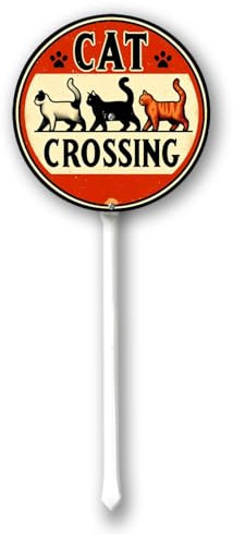 Geroclonup Cartello di attraversamento di gatto con paletto per quartieri cortile fattoria alluminio Attenzione 23,4 x 23,4 cm rotondo decorazioni fattoria cortile prato passerella decorazioni