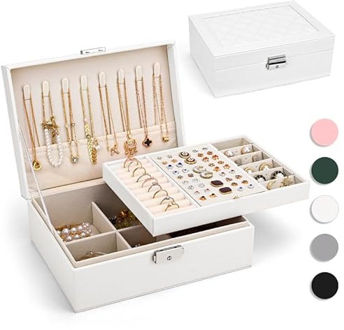 Yarmiene Schmuckkästchen für Damen, 2-schichtige Schmuckschatulle, PU-Leder Schmuckkoffer Schmuckaufbewahrung, Schmuckbox Reise für Ringe, Ohrringe, Armbänder, Ketten für Frauen, Perlweiß