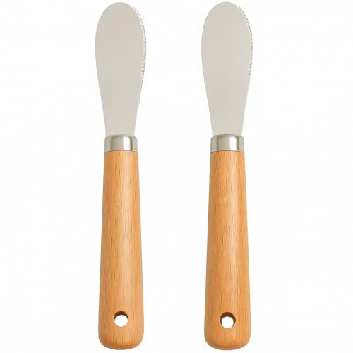 LacusMare Butter Knife Set of 2 – 7.5 Beechwood Handle Butter Knives with Hanging Hole, Wide Grip & Stainless Steel Blade – Wooden Butter Spreader for Butter, Jam, Cheese, Toast, Sandwich