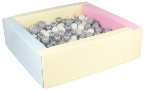 Velinda Piscine à balles carrée avec 300 balles, Cuir écologique, 5 éléments (Couleur de la Piscine/de balles: Rose, Bleu, Jaune (Pastel)/Blanc, Gris, Argent)