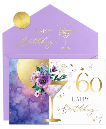 Joli Coon - Geburtstagskarte 60 ELEGANT – Happy Birthday Karte mit floraler Martini Illustration und pastellfarbenem Kuvert – Geburtstagskarte 60 Frau