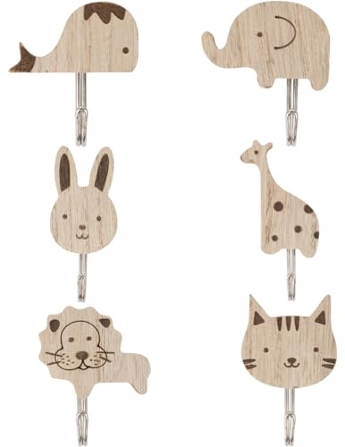 TAKONE Kinder Kleiderhaken 6 Stück Selbstklebend Tier Wandhaken | 6 Tiermotive, Holz, selbstklebend, ohne Bohren, für Kinderzimmer & Bad