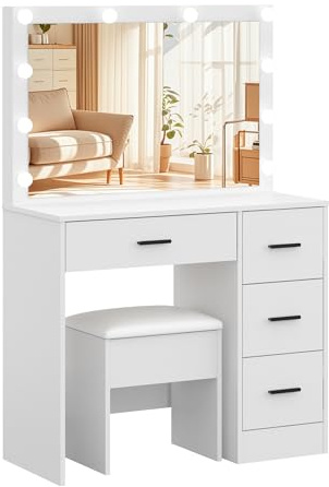 Panana Dressing Table with Large Mirror and Lights, Vanity Desk Set with 4 Drawers Makeup Table with Storage Cushioned Stool for Bedroom, Dressing Room (White)