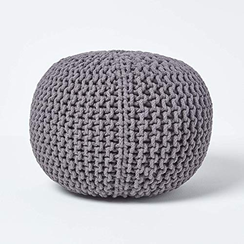 Homescapes Pouf Strickpouf rundes Bodenkissen, Sitzpouf 35 x 40 cm, gepolsterter Sitzhocker, Sitzpuff/Puff mit grob gestricktem Bezug aus 100% Baumwolle, Strickpuff, grau