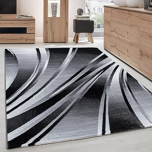 Carpettex Teppich Wohnzimmer Kurzflor 200 x 290 cm Modern Abstrakt Wellen Design Schwarz - Teppich Schlafzimmer Extra Weich Flauschig Waschbar Küchenteppich - Esszimmer Kinderzimmer Wohnzimmerteppich