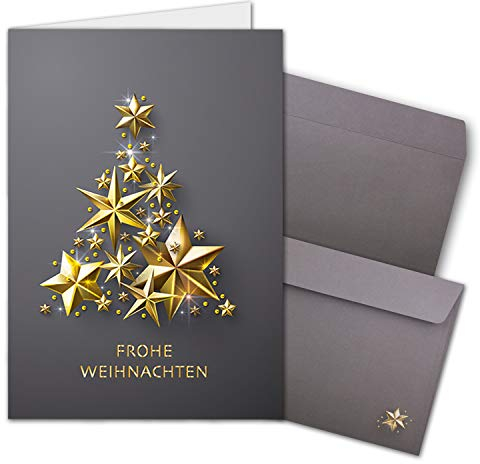 NEUSER PAPIER 50x Weihnachtskarten-Set DIN A6 in Grau mit goldenem Weihnachtsbaum aus Sternen - Faltkarten mit passenden Umschlägen - Weihnachtsgrüße für Firmen und Privat