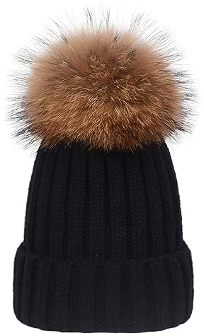 EXQULEG Warm Mütze, Echtfellbommel Pudelmütze,Winter-Mütze Bommelmütze Pelzbommel Waschbär Raccoon Pelz (Schwarz)…