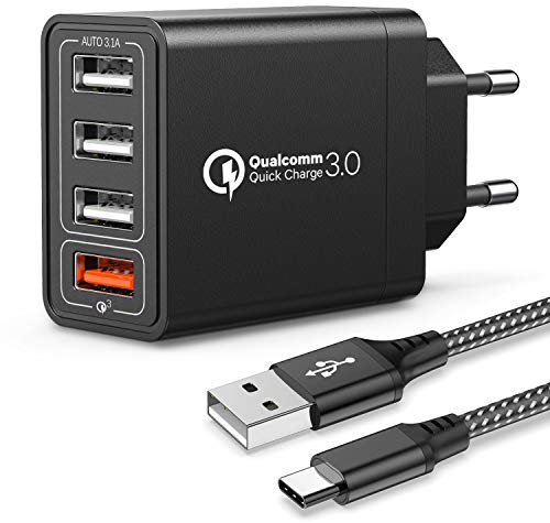 JOOMFEEN Quick Charge 3.0 Cargador USB de Pared con Cable USB Tipo C,30W QC 3.0 Cargador Móvil 4 Puertos Cargador de Red USB Carga Rapida para Samsung Galaxy S10E/S9/S8/Note8,Huawei P20,Xiaomi(Negro)