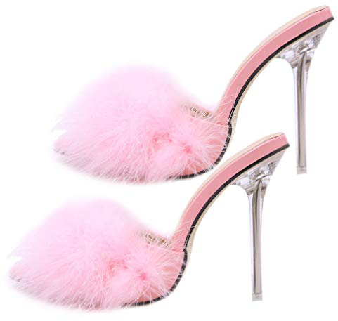 Holibanna 1 Paio Rosa Delle Donne Del Faux Soffice Piuma di Alta Tacchi A Spillo Sandali A Spillo Punta A Punta Tacchi Pattini Sandalo Pantofola