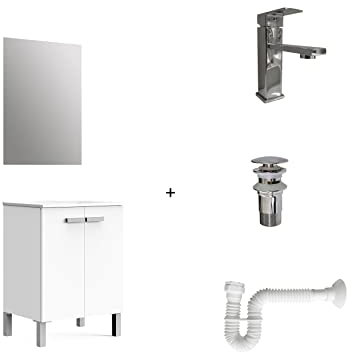 Baikal Pack solución Completa. Incluye: Mueble de Baño, Lavabo cerámico, Grifo, Sifón Extensible y Válvula de desagüe, MONTADO. Entrega Todo en uno. 2 Puertas con Espejo 60 cm Blanco, 282834131