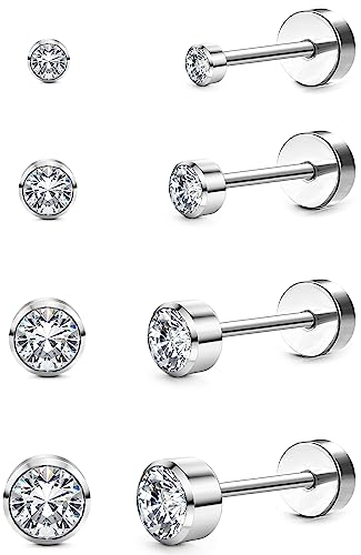 YADOCA 4 Paar G23 Titan Ohrringe für Damen Herren Titan Ohrstecker Set Cubic Zirkonia Nickelfrei Knorpel Ohrringe Hypoallergen Medizinische Ohrstecker 3/4/5/6mm, 1