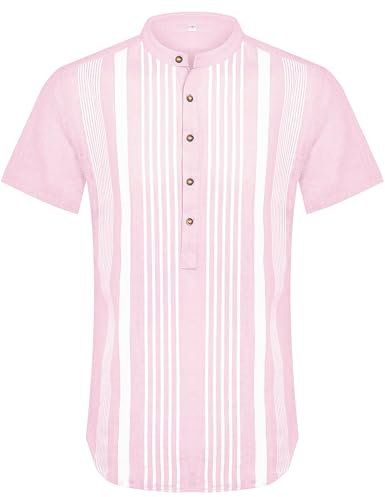 APTRO Mens Short Sleeve Linen Shirts Casual Cotton Shirts Summer Shirts Hawaiian Striped Grandad Henley Shirts Stripe Pink MHL61 XL