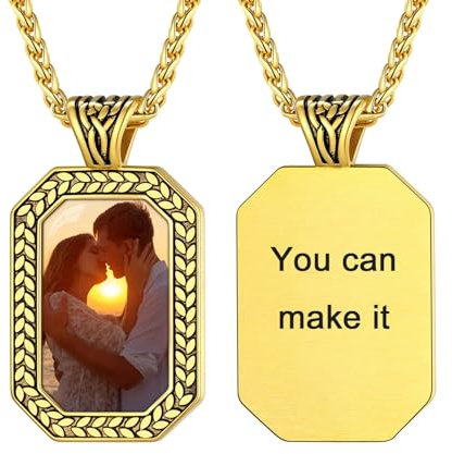 U7 Dog Tags Photo Necklace Mens Herren Achteck Anhänger Halskette mit Foto Olivenblatt Goldkette mit Gravur Bilder Kettenanhänger Custom Olive Leaf Memorial Personalisiert Modeschmuck für Muttertag