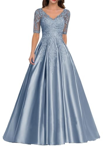 JIIL Mutter der Braut Kleid - Lang Spitzen Applikationen Formell Hochzeit Partykleid für Gast Große Größen Grau blau 48