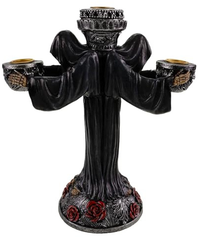 Kremers Schatzkiste Grimreaper Kerzenhalter 25 cm – Gothic Sensenmann Deko Figur aus Polyresin – Handbemalter Kerzenständer mit 3 Haltern – Mystische Halloween & Fantasy Tischdeko für Zuhause
