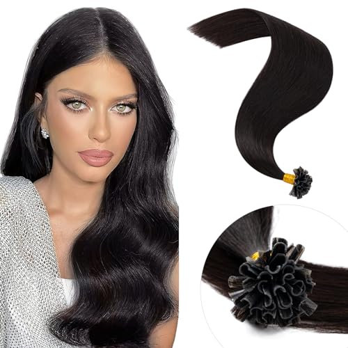 Elailite 1g Pre Bonded Stick U Tip Hair Extensions Keratin Human Hair Extensions Remy Hair - 50 Strands (#1B Natural Black, 16 Inch-50g)