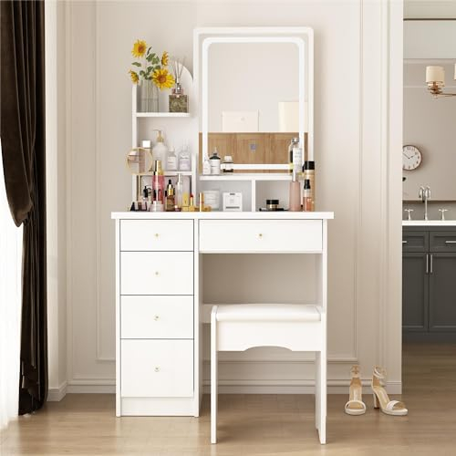DEZAGCE Schminktisch mit LED-Leuchten in 3 Farben und großem Spiegel, Schminktisch mit 5 Schubladen, Schminktisch mit Hocker, Frisiertisch, große Ablagefläche, weiß, MDF, 80 B x 40 T x 140 H cm